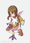  1girl blue_eyes brown_hair cat collar creature digimon digimon_adventure gloves hajime_(hajime-ill-1st) holding paw_gloves red_eyes scarf short_hair shorts smile socks tail_ring tailmon yagami_hikari 