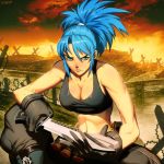  1girl barbed_wire bare_shoulders blue_eyes blue_hair boots breasts cleavage frown genzoman gloves king_of_fighters king_of_fighters_xiii knife leona_heidern midriff ponytail solo tank_top trench weapon 