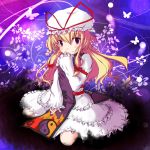  1girl blonde_hair blue_background blush_stickers bow butterfly fire floral_background gradient gradient_background hair_bow hand_on_own_chin hat hat_ribbon layered_dress long_hair long_sleeves looking_at_viewer mob_cap motsuchi_(mono440) ribbon sitting sleeves_past_wrists smile solo tabard touhou trigram violet_eyes wariza yakumo_yukari yin_yang younger 