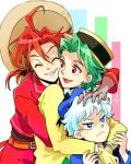 3boys :&lt; closed_eyes donald_duck earrings green_hair grin hand_on_another&#039;s_head hug hug_from_behind jewelry jose_carioca lowres male multiple_boys panchito_pistoles personification ponytail redhead smile sombrero the_three_caballeros tsuntsun_(tuuuuuuntun) white_hair 