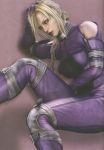  1girl 3d bare_shoulders blonde_hair blue_eyes bodysuit braid death_by_degrees elbow_gloves gloves hand_on_head highres knee_pads lipstick looking_at_viewer makeup namco nina_williams official_art simple_background single_braid sitting solo tekken 