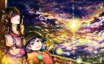  2girls 3_jiao_xian_er bow bowl clouds horns japanese_clothes kijin_seija kimono mallet multicolored_hair multiple_girls pointing pointing_up purple_hair red_eyes short_sleeves sky smile sukuna_shinmyoumaru sun sunset touhou 