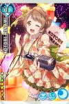  1girl brown_hair card_(medium) character_name dress long_hair love_live!_school_idol_project microphone minami_kotori official_art open_mouth smile solo thighhighs wink yellow_eyes 