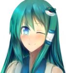  1girl blue_eyes green_hair hair_ornament hair_tubes kochiya_sanae kururu_(koisi122) long_hair solo touhou wink 