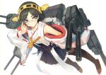  1girl adjusting_glasses bare_shoulders black_hair black_legwear blue_eyes blush breasts cannon detached_sleeves glasses hairband japanese_clothes kantai_collection kirishima_(kantai_collection) nontraditional_miko pantyhose personification pump_(artist) short_hair skirt smile solo turret 