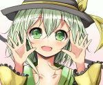  1girl bow collarbone green_eyes green_hair hat hat_bow highres komeiji_koishi open_hands open_mouth solo touhou velia wide_sleeves 