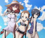  3girls android bikini black_hair blue_sky brown_hair crab dress drill_hair drill_kill fearless_night flat_chest forehead green_eyes grey_eyes hands_on_hips hat long_hair multiple_girls nail_polish one-piece_swimsuit original pale_skin poco_muerte princess_pettanko red_eyes redhead robot_joints sky spaghetti_strap split_ponytail sun_hat sundress swimsuit twin_drills twintails 