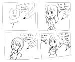  1girl 4koma anaugi bangs blunt_bangs comic commentary_request crossed_arms english flying_sweatdrops fourth_wall long_hair monochrome open_mouth parody pencil profanity smile stick_figure tagme triangle_mouth 
