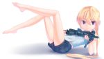  arm_support bare_legs barefoot blonde_hair dreadtie fang gun highres jessica_jefferson legs legs_up long_hair mcmillan_cs5 original ponytail red_eyes rifle shorts sniper_rifle very_long_hair weapon 