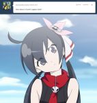  1girl :&lt; ahoge black_hair fearless_night grey_eyes hair_ornament hair_ribbon head_tilt long_hair pale_skin parody poco_muerte ribbon skull_hair_ornament solo spikewible tengen_toppa_gurren_lagann twintails 