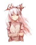  1girl arm_grab bandaid blood bloody_clothes bloody_hands bow fujiwara_no_mokou hair_bow long_hair long_sleeves looking_at_viewer red_eyes shirt shuzi silver_hair smirk solo suspenders touhou white_background wind 