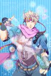  1boy blonde_hair blue_jacket caesar_anthonio_zeppeli facial_mark feathers fingerless_gloves gloves green_eyes hair_feathers headband jacket jewelry jojo_no_kimyou_na_bouken necklace pink_scarf rui_yuda scarf solo 