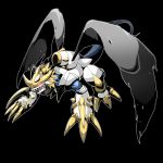  amatukiamaru armor black_background black_wings blonde_hair cannon claws digimon digimon_adventure_02 glowing glowing_eyes horns imperialdramon imperialdramon_paladin_mode monster no_humans red_eyes sharp_teeth short_hair simple_background solo spikes tail wings 