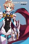  1boy aqua_eyes armor artist_name blonde_hair blue_background brown_hair cape chung elsword gloves highres male messy_hair multicolored_hair solo swd3e2 symbol-shaped_pupils two-tone_hair 