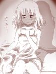  1girl amazon_(taitaitaira) bed bed_sheet blush comic embarrassed hand_on_own_chest holding kirisame_marisa legs_together monochrome shadow short_hair solo touhou translation_request underwear underwear_only 