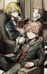  2boys blonde_hair blue_eyes book brown_hair cup dangan_ronpa formal glasses green_eyes grin highres hoodie jacket jdjd0tmt monokuma multiple_boys naegi_makoto sitting smile suit togami_byakuya 