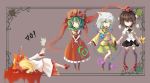  4girls :3 absurdres animal_ears black_hair black_legwear blonde_hair blood blush_stickers boots bow cat_ears cherry death dress eyeball fan flower food frilled_skirt frills front_ponytail fruit full_body geta green_eyes green_hair hair_bow hair_ornament hair_ribbon hat heart heart_of_string highres holding_hands kagiyama_hina komeiji_koishi leidami long_hair long_sleeves lying multiple_girls no_hat object_on_head on_side open_mouth outstretched_arms panties panties_on_head pom_pom_(clothes) puffy_sleeves red_dress red_eyes ribbon rose satsuki_rin shameimaru_aya shirt short_hair short_sleeves simple_background skirt smile string tengu-geta tentacles text thighhighs tokin_hat tongue tongue_out touhou underwear wide_sleeves wink 