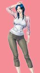  1girl black_hair breasts brown_eyes capri_pants cardigan contrapposto daigo earrings highres jewelry large_breasts lipstick long_hair makeup nail_polish necklace open_cardigan open_mouth original simple_background slender_waist smile solo taut_clothes taut_shirt 