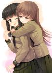  2girls ;d black_hair blush brown_eyes brown_hair hug hug_from_behind hyuuga_azuri kantai_collection kitakami_(kantai_collection) light_smile long_hair multiple_girls ooi_(kantai_collection) open_mouth school_uniform serafuku skirt smile wink yuri 