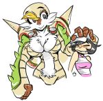  2girls bald black_hair blonde_hair breasts chesnaught cleavage cropped_legs ducky fringe hand_on_another&#039;s_head hat large_breasts multiple_girls nintendo patting_head personification pokemon pokemon_(game) pokemon_xy short_hair sleeveless striped 