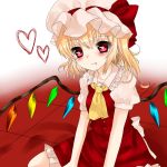  1girl ascot blonde_hair blood blood_from_mouth blood_on_face blouse blush bow buttons collared_shirt dress flandre_scarlet floor frilled_dress frilled_hat frilled_shirt frilled_skirt frills hat hat_bow hat_ribbon heart heart-shaped_pupils jpeg_artifacts koyashaka looking_at_viewer mob_cap multicolored_background puffy_sleeves red_dress red_eyes red_shirt red_skirt ribbon shadow short_sleeves side_ponytail sitting skirt skirt_set solo symbol-shaped_pupils tile_floor tiles touhou wings 