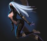  1girl alternate_costume artist_request bodysuit breasts dark_background hips irelia league_of_legends long_hair mask navel redhead silver_hair solo 