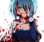  1girl armband blood blood_on_face bloody_clothes blue_eyes blue_hair cape gloves hand_on_own_face magical_girl mahou_shoujo_madoka_magica miki_sayaka misoan open_mouth short_hair simple_background solo tears white_background 