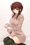  1girl amagami blush breasts brown_eyes brown_hair ganganganso gradient gradient_background highres large_breasts looking_to_the_side pocky sakurai_rihoko simple_background sitting solo sweater_dress thighhighs turtleneck 