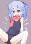  1girl bare_shoulders blue_eyes blue_hair blush bow cirno fang hair_bow one-piece_swimsuit open_mouth scarf school_swimsuit shamo_(koumakantv) short_hair smile solo swimsuit thighhighs touhou white_legwear wings 