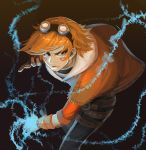  1boy electricity ezreal facial_tattoo fighting_stance glowing glowing_eye goggles goggles_on_head hoodie jeans league_of_legends multiple_belts orange_hair short_hair solo steward_b tattoo 