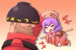  1boy 1girl bowl brown_hair closed_eyes hat highres laughing lifting needle open_mouth short_hair sukuna_shinmyoumaru team_fortress_2 the_soldier touhou wool_(miwol) 