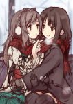  2girls :d black_hair bow breath coat earmuffs highres kyuri mittens multiple_girls open_mouth original pocky scarf shared_scarf sketch smile thighhighs winter_clothes yuri 