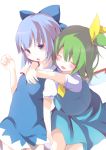  2girls arm_up blue_eyes blue_hair blush bow cirno closed_eyes daiyousei dress fairy_wings green_hair hair_bow hair_ribbon highres hug hug_from_behind koshinaka-zz looking_at_viewer multiple_girls open_mouth ribbon short_hair short_sleeves side_ponytail simple_background touhou white_background wings 