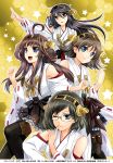  4girls ahoge bare_shoulders black_hair black_legwear blue_eyes blush breasts brown_hair detached_sleeves double_bun glasses hair_ornament hairband hairclip haruna_(kantai_collection) headgear hiei_(kantai_collection) japanese_clothes kanna_(plum) kantai_collection kirishima_(kantai_collection) kongou_(kantai_collection) long_hair multiple_girls nontraditional_miko open_mouth pantyhose personification plaid plaid_skirt short_hair skirt smile thighhighs yellow_background yellow_eyes 