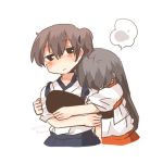  2girls akagi_(kantai_collection) black_eyes blush brown_hair hug kaga_(kantai_collection) kantai_collection long_hair lowres multiple_girls rebecca_(keinelove) short_hair side_ponytail 