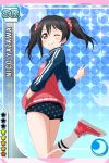  1girl black_hair blush long_hair love_live!_school_idol_project official_art red_eyes shorts smile solo track_jacket twintails wink yazawa_nico 