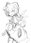  1girl burnt_clothes cirno kousui_kakuritsu_30_percent monochrome open_mouth pointing pointing_at_viewer rough short_hair simple_background solo torn_clothes touhou wings 