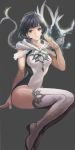  1girl black_eyes black_hair boots choker dragon ease_(metaphorical) fantasy grey_background light_smile looking_at_viewer original short_hair simple_background sitting solo thigh_boots thighhighs white_boots 