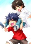  2boys black_hair brown_eyes brown_hair carrying inohara_masato little_busters!! long_sleeves multiple_boys naoe_riki open_mouth shirt short_hair shoulder_carry smile t-shirt tagme younger zen 