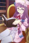  1girl :&lt; bespectacled book bow crescent glasses hair_bow hat highres library long_hair nail_polish patchouli_knowledge purple_hair purple_nails reading red-framed_glasses solo spikewible thighhighs touhou vertical_stripes violet_eyes white_legwear 