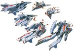  90s airplane arrow diagram energy_cannon jet macross macross_2 mecha official_art oldschool production_art scan science_fiction space_craft starfighter traditional_media transformation vf-2ss 