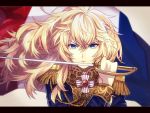  1girl blonde_hair blue_eyes epaulettes flag french_flag long_hair oscar_francois_de_jarjayes sanae_(artist) serious solo sword versailles_no_bara weapon 