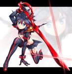  1girl black_hair blue_eyes breasts glint high_heels highres kill_la_kill kokutou_(kazuakifca) letterboxed living_clothes matoi_ryuuko multicolored_hair redhead senketsu short_hair skirt smile suspenders sword thighhighs two-tone_hair underboob weapon 