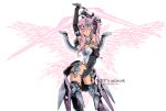  1girl armlet armor armpits arms_up ass_wings bangs bare_shoulders barrette black_gloves black_legwear bodysuit breasts choker cleavage covered_navel criss-cross_halter deviantart drill_hair dual_wielding elbow_gloves elbow_pads energy_sword energy_wings fingerless_gloves gloves hair_between_eyes hair_ornament hairclip halter_top halterneck head_tilt headdress headgear headset highleg highleg_leotard highres jewelry knee_pads leaning leaning_forward leg_armor leotard long_hair looking_at_viewer mecha_musume one_eye_closed original pink_eyes pink_hair pink_wings rubber_band shiny shiny_clothes shiny_hair shiny_skin short_hair_with_long_locks side_ponytail simple_background skin_tight solo standing sword thighhighs torn_clothes torn_leotard torn_thighhighs twin_drills twintails watermark weapon web_address white_background wings 
