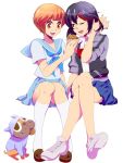  2girls bad_food black_hair brown_eyes brown_hair dog earthworms guts_(kill_la_kill) kill_la_kill kurisu_mkdan mankanshoku_mako matoi_ryuuko multicolored_hair multiple_girls redhead school_uniform senketsu serafuku shoes short_hair sneakers track_jacket two-tone_hair wink 