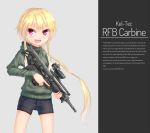  1girl blonde_hair dreadtie highres hoodie jessica_jefferson kel-tec_rfb long_hair original ponytail red_eyes shorts trigger_discipline very_long_hair weapon 