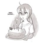  1girl ahoge birthday_cake cake fearless_night food happy_birthday jessica_c._luong monochrome poco_muerte solo t-shirt twintails 