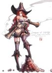  1girl bare_shoulders boots breasts brown_eyes cannonball cleavage garter_belt gun hair_over_one_eye hat high_heels highres large_breasts league_of_legends loiza long_hair looking_at_viewer navel pistol redhead sarah_fortune signature simple_background solo thighhighs watermark weapon web_address white_background 