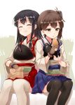  2girls :o ^_^ akagi_(kantai_collection) bag black_hair black_legwear brown_eyes brown_hair closed_eyes food hyuuga_azuri japanese_clothes kaga_(kantai_collection) kantai_collection multiple_girls muneate paper_bag side-by-side side_ponytail sitting skirt smile taiyaki tasuki thighhighs wagashi white_legwear yugake 