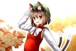  1girl animal_ears aps@shugyouchuu blush bow brown_hair cat_ears cat_tail chen fang floral_print hand_on_hat hat long_sleeves looking_at_viewer mob_cap multiple_tails open_mouth red_eyes shirt short_hair simple_background smile solo tail touhou white_shirt 